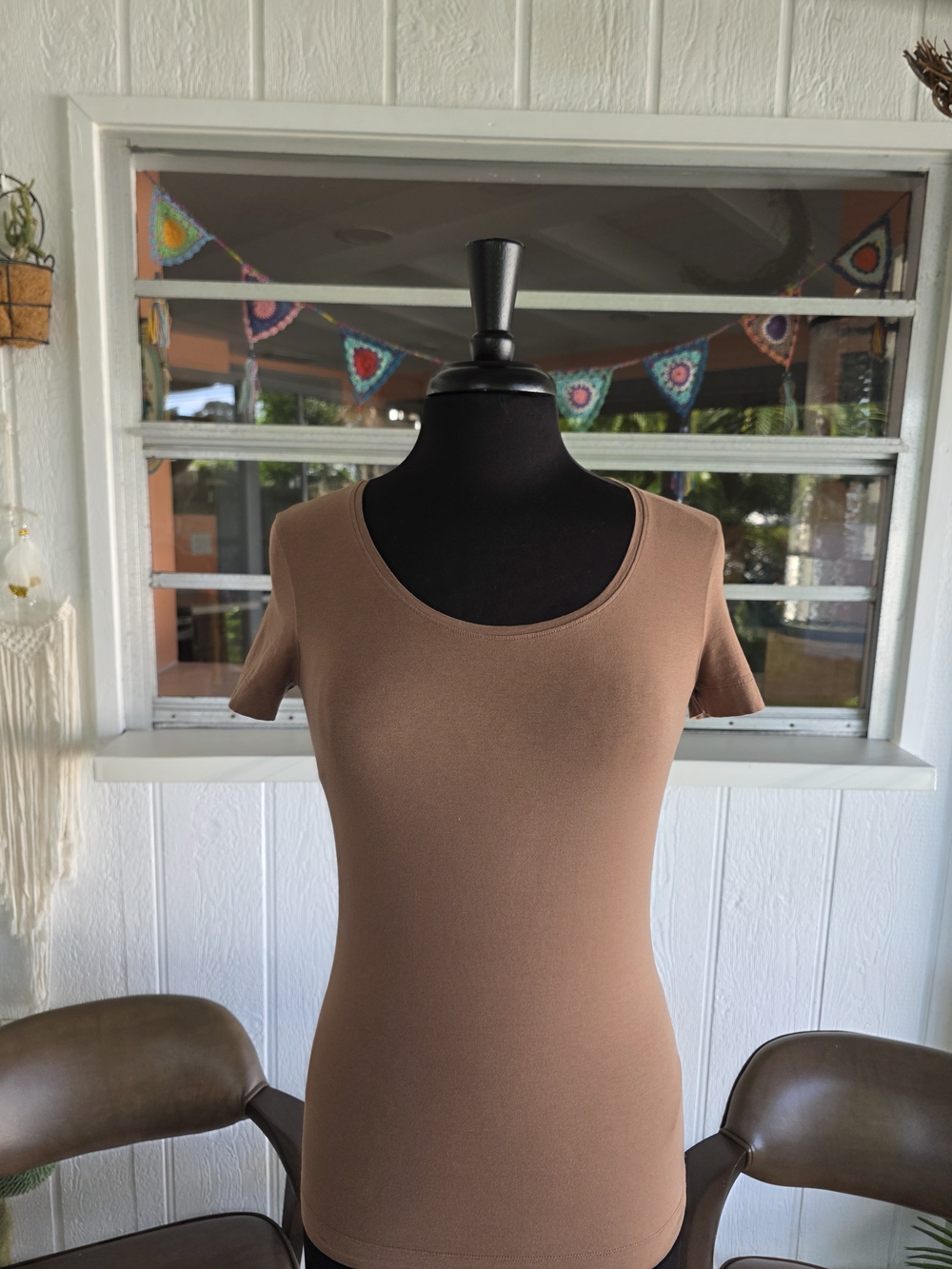 Escada Y2K Baddie Short Sleeve Scoop Neck Top Mocha Brown Strechy Tee - Picture 6 of 12